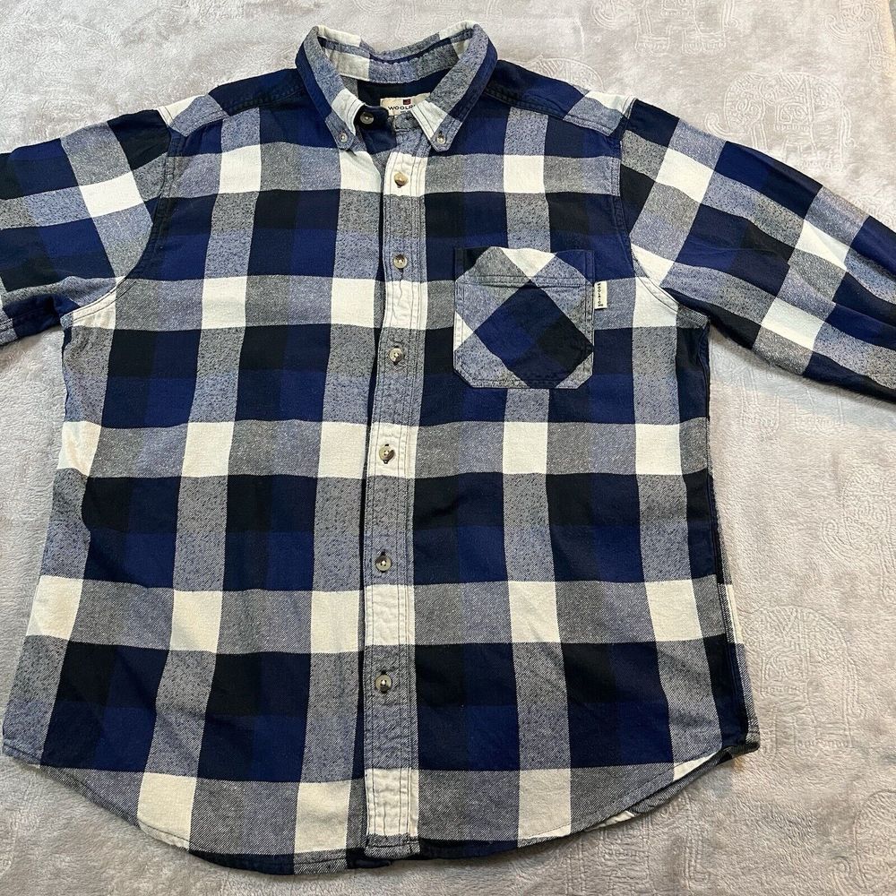 Woolrich EUC Mens Large‎ Blue White Check Flannel Shirt Long Sleeve Button Up